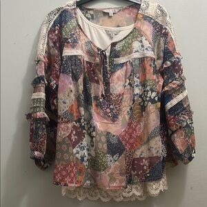 John Mark Multicolor Patchwork Blouse with Lace Accents